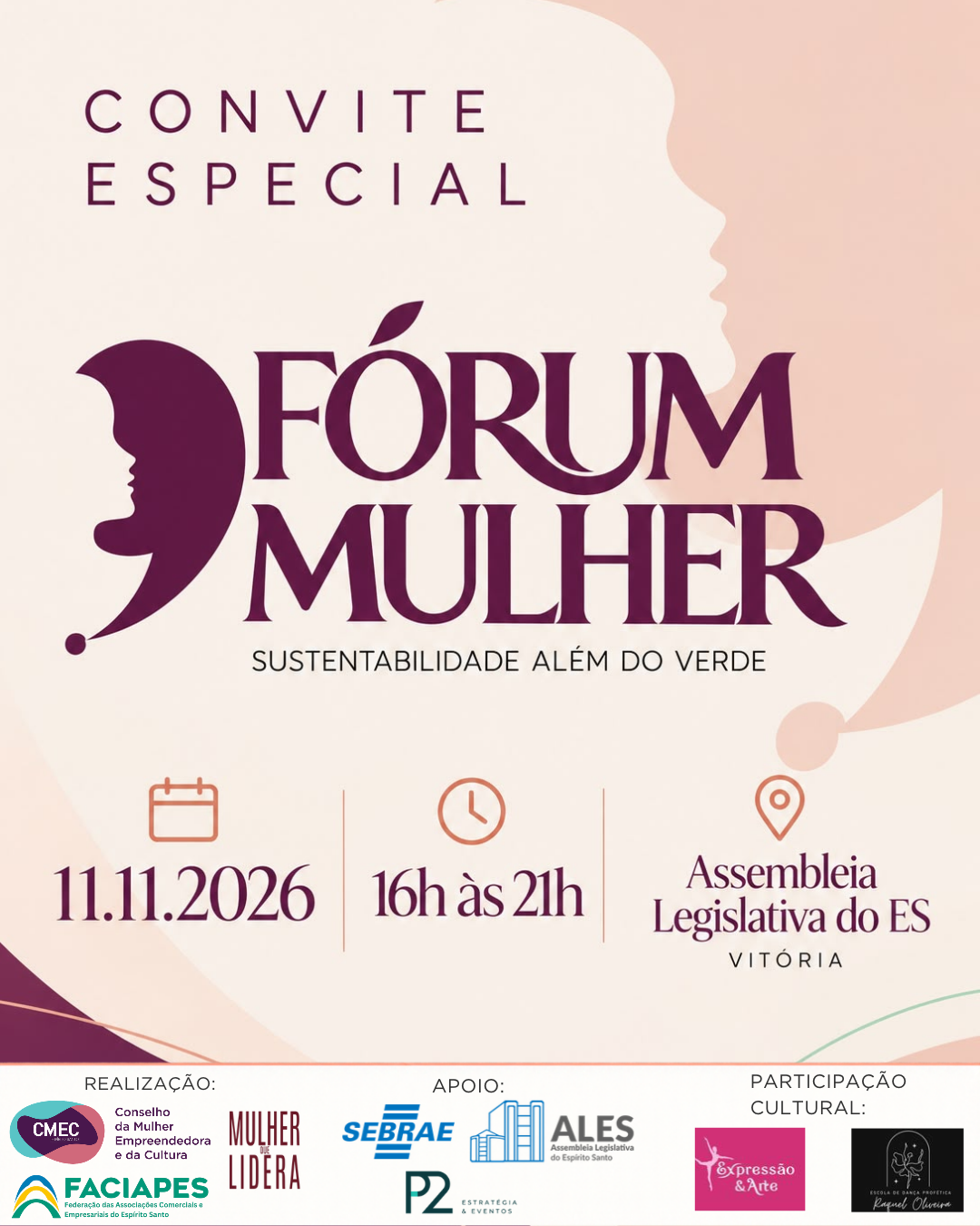 Convite oficial do Fórum Mulher 2026 – Sustentabilidade Além do Verde – 11 de novembro de 2026, das 16h às 21h, na Assembleia Legislativa do ES